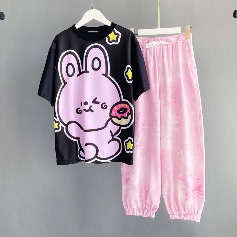 Đồ bộ hoạt hình set áo thun tay lỡ quần jogger form quần thể thao năng động cho nam nữ