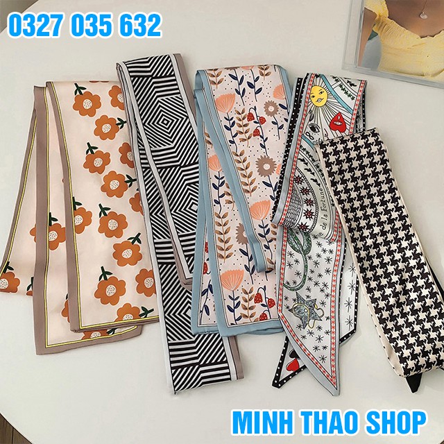 Khăn Lụa Buộc Tóc Quàng Cổ Quấn Túi Xách In Họa Tiết Thời Trang Hàn Quốc Nữ / 100x8 cm