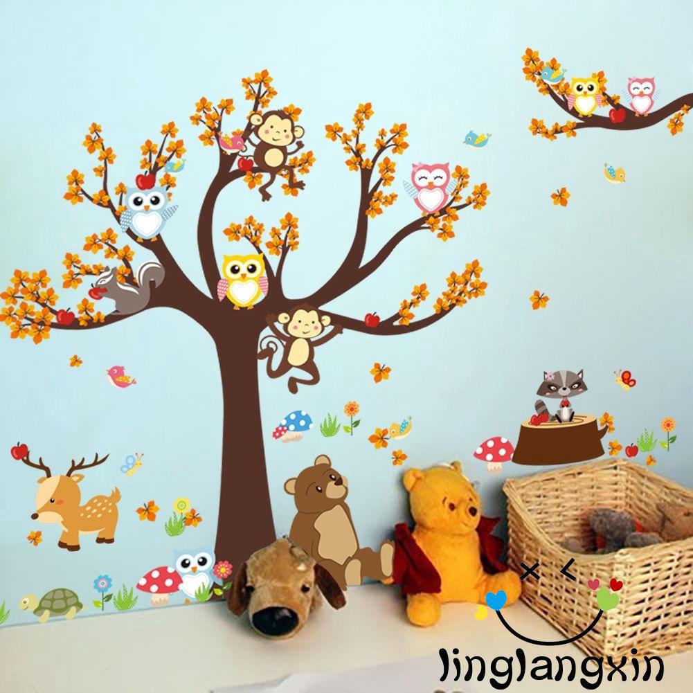 Miếng dán tường trang trí kiểu cây cối chú khỉ và cú hoạt hình đáng yêu dành cho nhà cửa