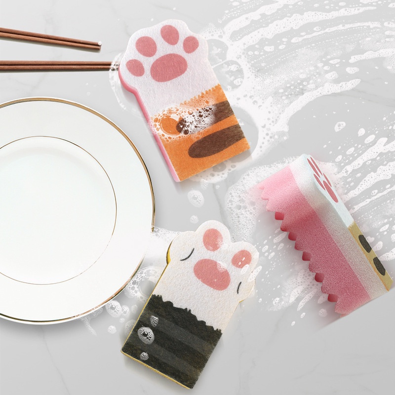 Set 3 Miếng Bọt Biển Rửa Chén Hình Chân Mèo Dễ Thương Đa Năng