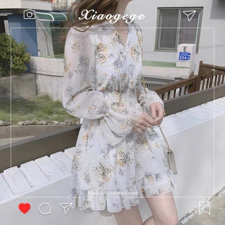 Đầm hoa tay dài dáng ngắn voan hoa vintage Hàn Quốc, Váy hoa nhí cổ tim ulzzang nhún eo Hàn Quốc V05 - Peyy Clothing đẹp