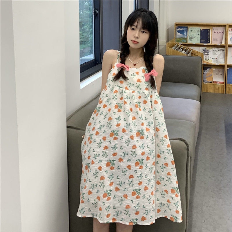 Đầm hai dây dáng rộng họa tiết hoa phong cách Nhật Bản thời trang xinh xắn cho nữ