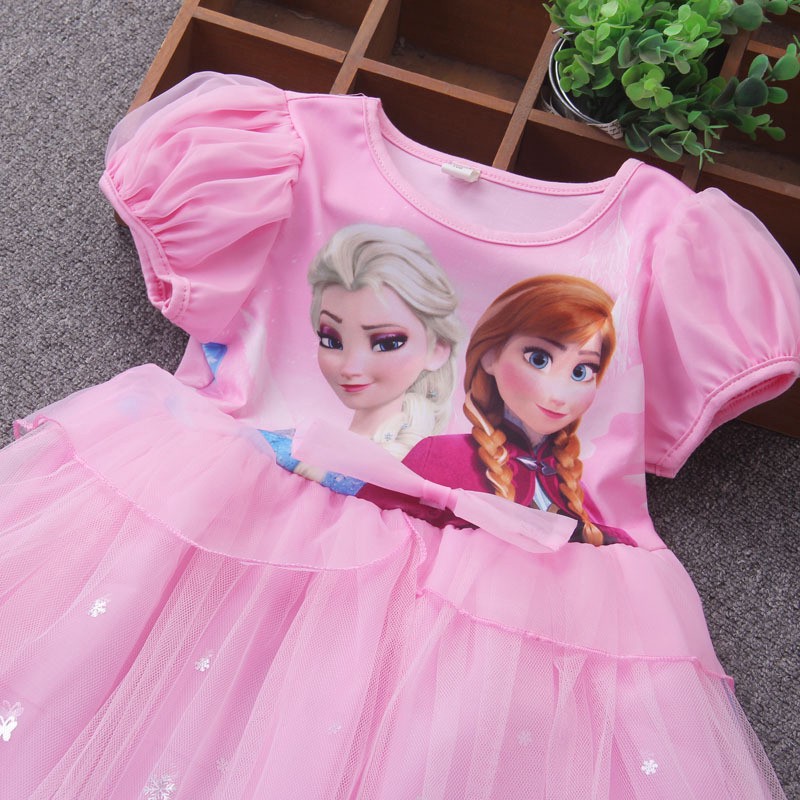 Disney Đầm Công Chúa Elsa Anna Bằng Cotton Phối Lưới Thời Trang Mùa Hè Cho Bé Gái