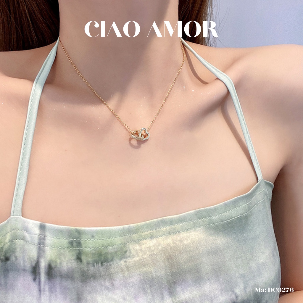 Dây chuyền nữ, Vòng cổ titan 2 trái tim đen chéo xinh xắn Trang sức Ciao Amor - DC0276