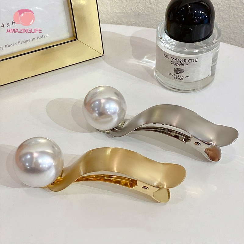 Kẹp Tóc Đính Ngọc Trai Bằng Kim Loại Màu Vàng/Bạc/Bạc Thiết Kế Hình Học Thanh Lịch Thời Trang Cho Nữ