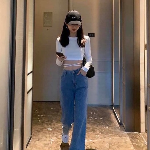 Áo croptop CỘT DÂY EO TAY DÀI cổ tròn basic trơn đơn giản nữ - Thiên Yết