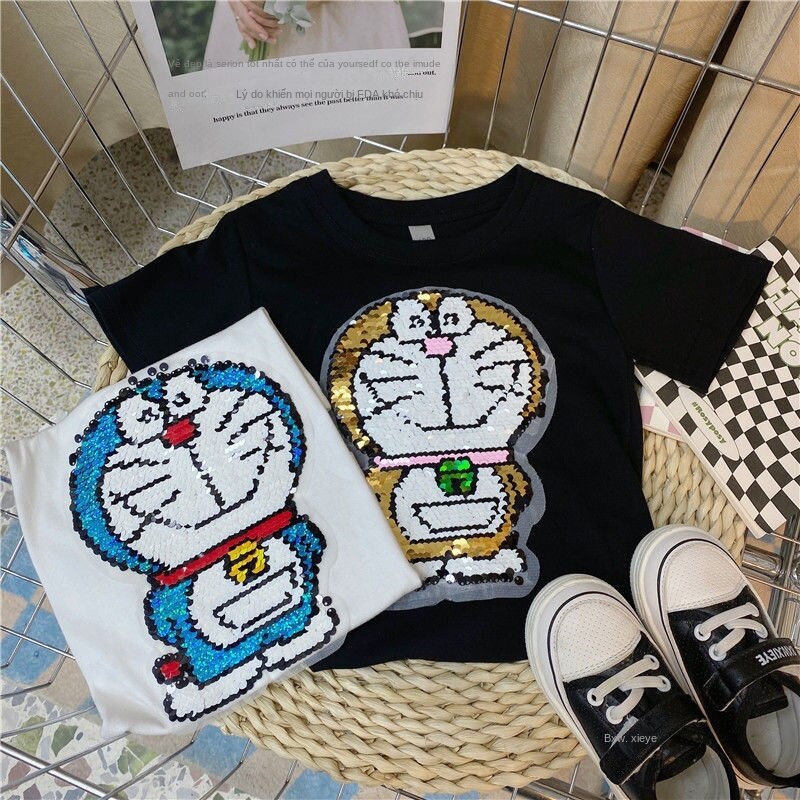 Áo Thun Tay Ngắn Chất Liệu Cotton Họa Tiết Doraemon Đính Kim Sa Lấp Lánh Thay Đổi Màu Sắc Cho Bé