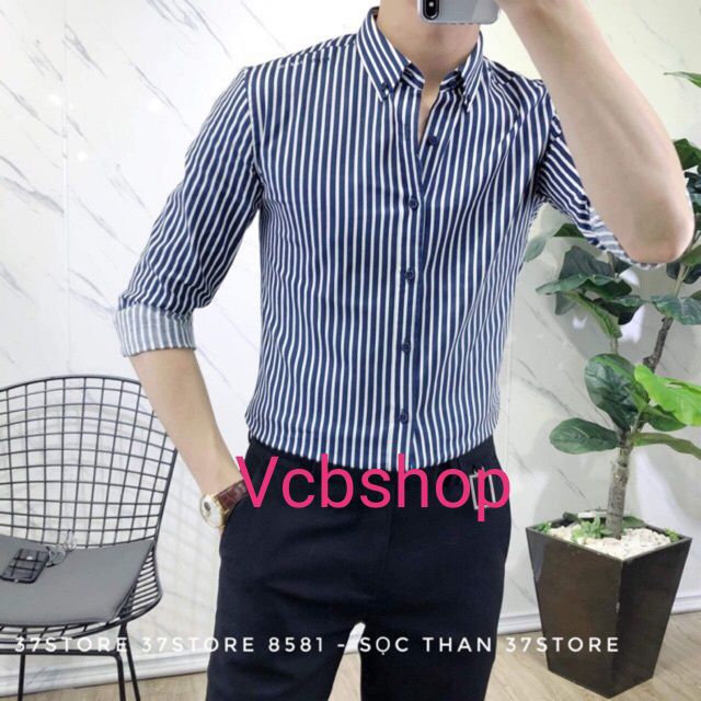 (Vcbshop) Áo sơ mi lụa nam trơn phối sọc xanh - Dài tay