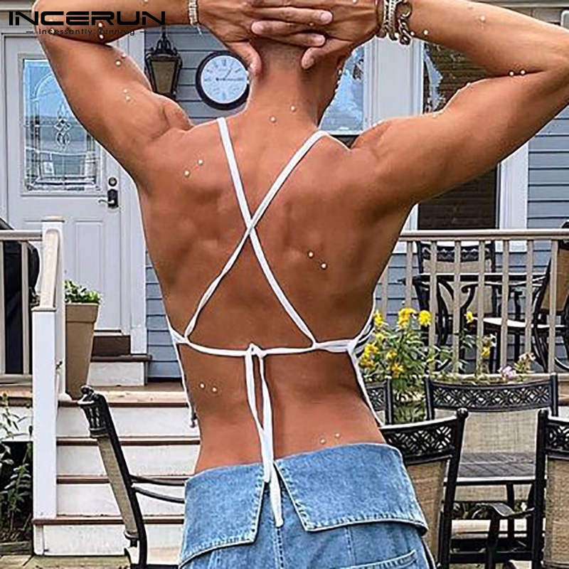 Áo hai dây INCERUN hở lưng hoạ tiết kẻ sọc thời trang cho nam