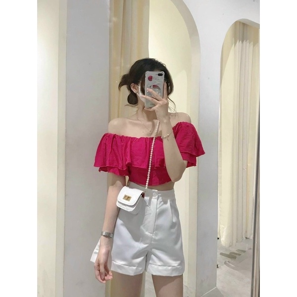 Set áo croptop hồng cánh sen bẹt/hở/trễ vai kèm quần short ngắn trắng, bộ thời trang hot girl đi chơi dạo phố dễ thương