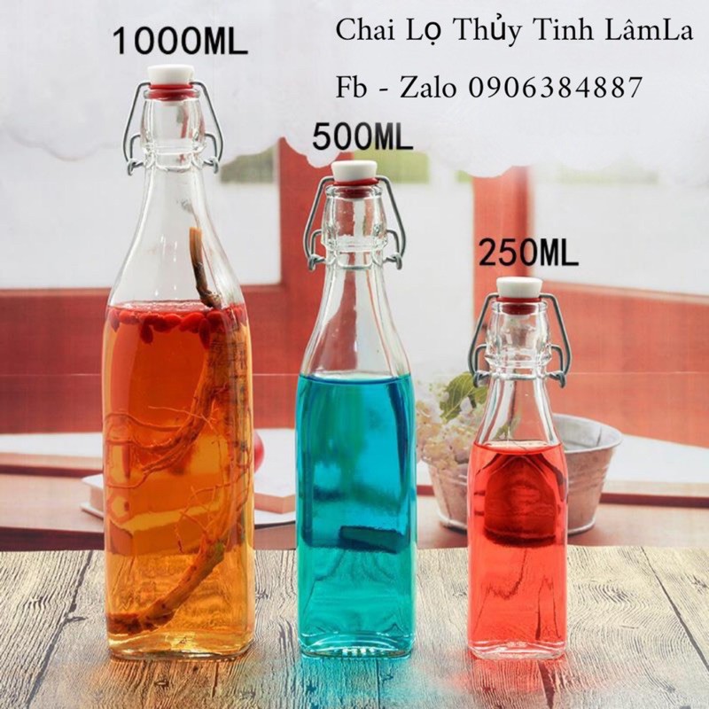 Chai Thuỷ Tinh Vuông Gọng Sắt Nắp Cài 500ml | Ngâm Sâm , Nước Ép Trái Cây , Sữa Hạt