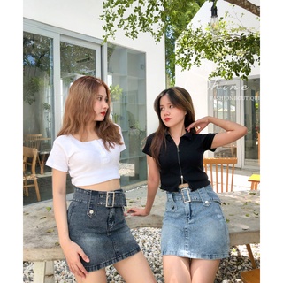 Chân váy jeans nữ dây đai dáng ngắn cạp cao 2 màu fullsize - shine fashion