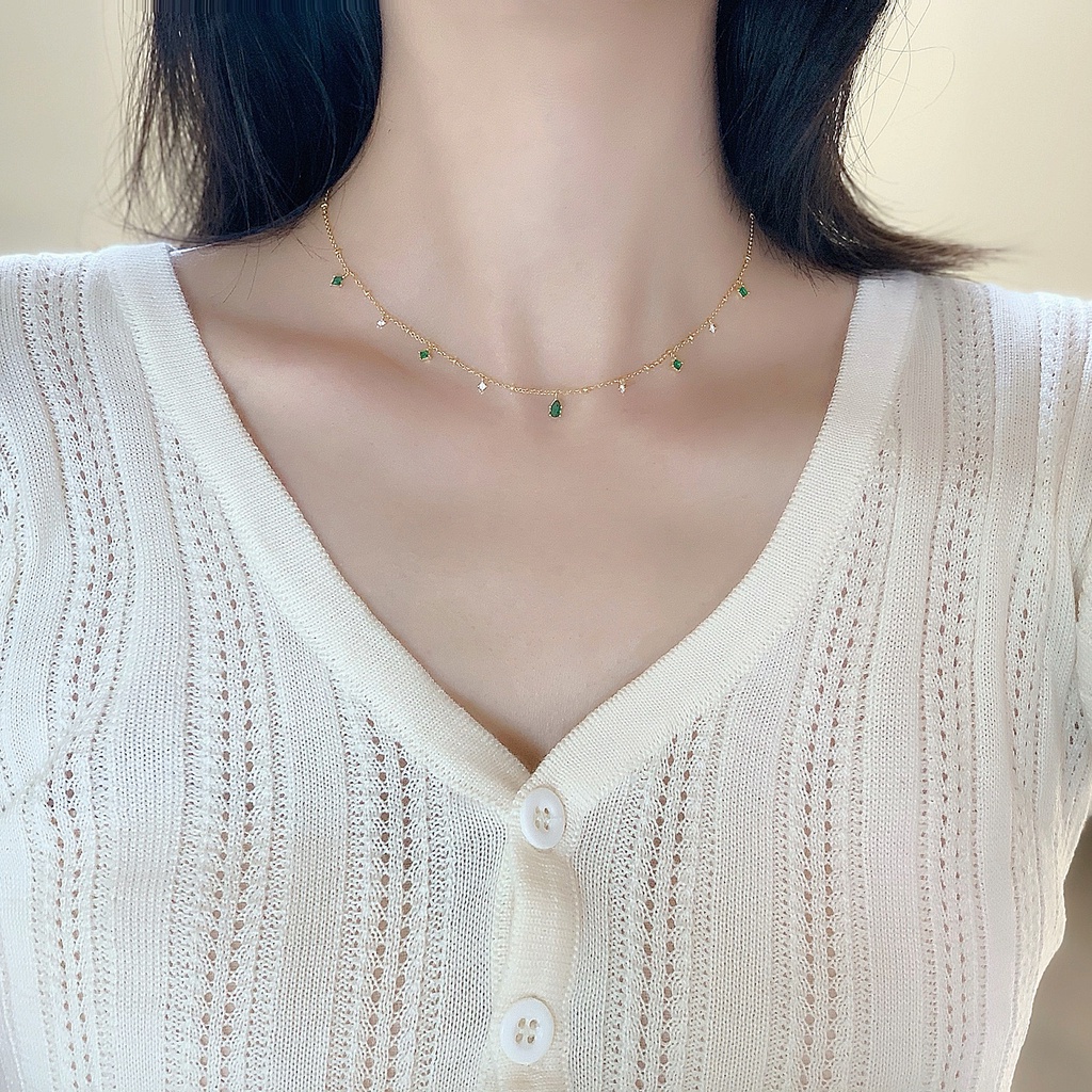 Vòng cổ choker bằng đồng đính đá zircon 2LIFE màu xanh lá thời trang cho nữ