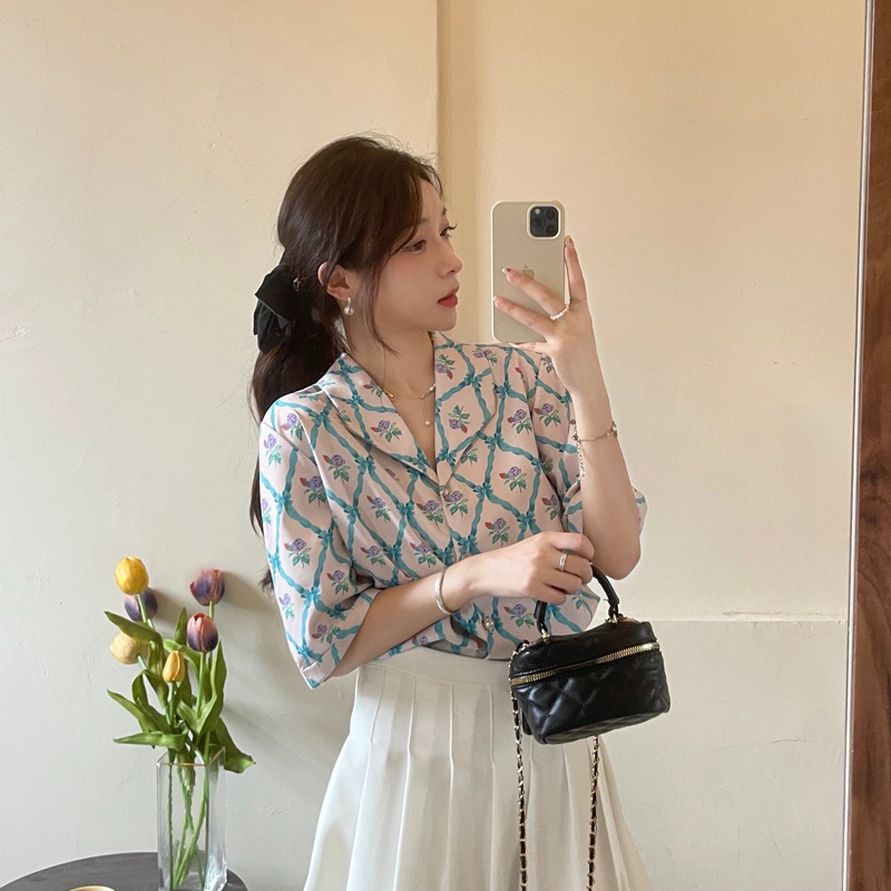 Áo sơ mi ZHELIHANGFEI ngắn tay cổ bẻ họa tiết hoa phong cách sang trọng dễ phối đồ