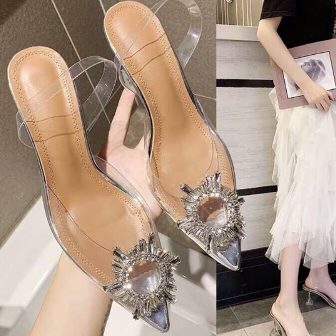Giày cao gót bệt AMINA MUAD.DI xuất xịn trong suốt tag đá bạc tròn lấp lánh gót vuông 2cm size 35 36 37