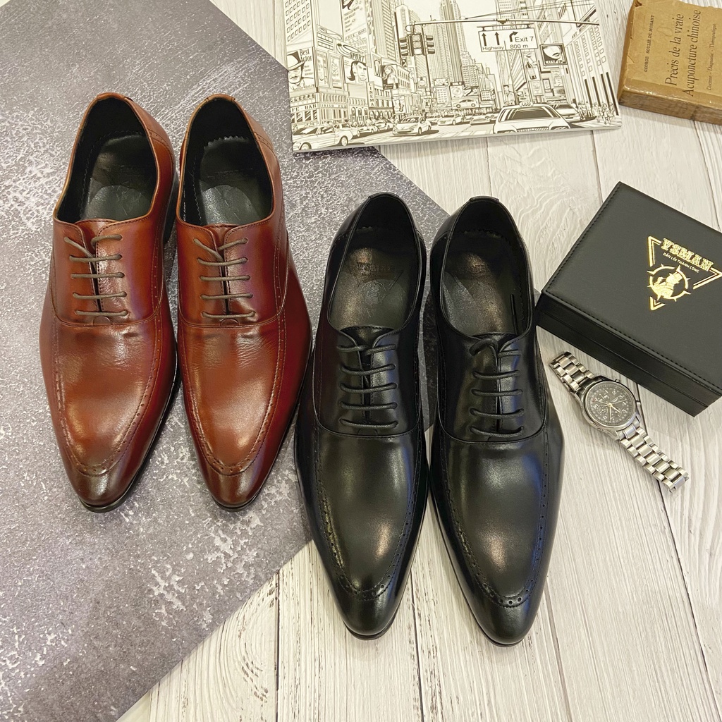 Giày tây Oxford cột dây da bò thật VSMAN - Giày da nam công sở mũi nhọn đế phíp cao cấp dành cho quý ông - TLG005
