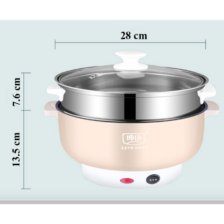 [28 cm] Nồi Lẩu Mini, hấp 2 tầng Inox, ca nấu mì, đa năng, Thổi Cơm, chiên, Gọn nhẹ, 2 nấc nhiệt, tặng vỉ