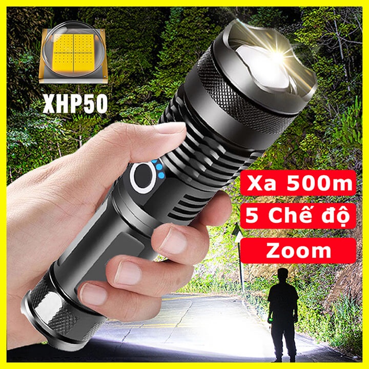 Đèn pin siêu sáng XHP50 chiếu xa 500m, 5 chế độ sáng có zoom xa gần, chống thấm nước pin trâu 6800mAh