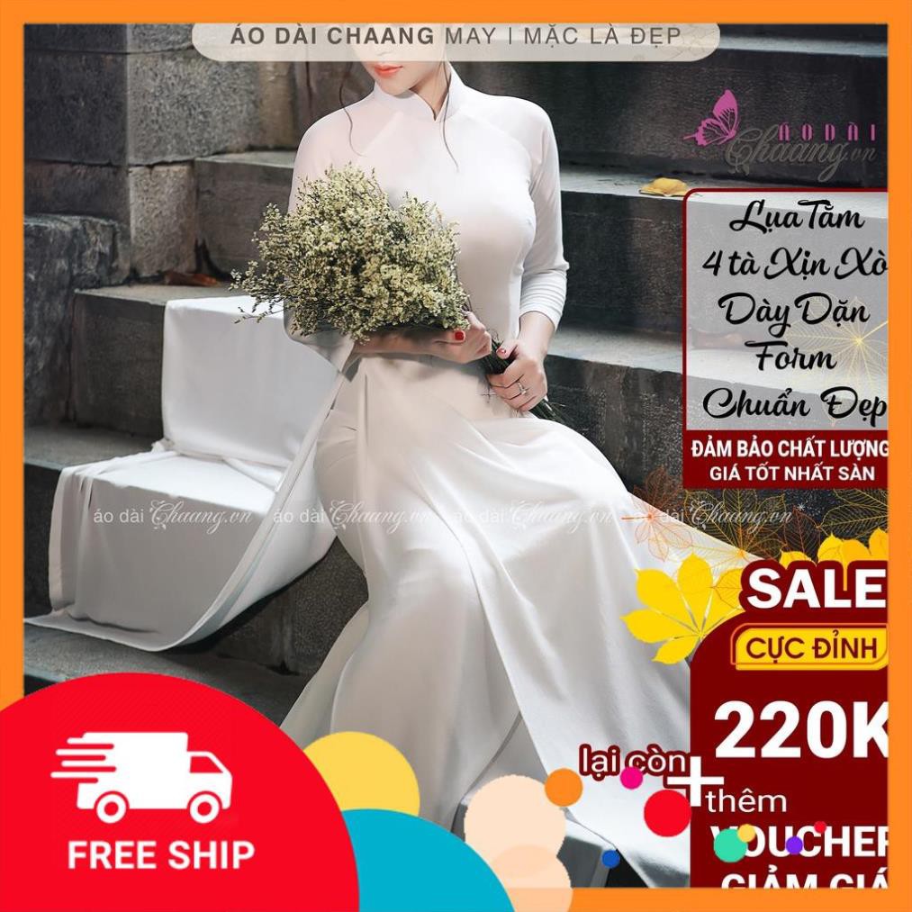 Áo dài trắng truyền thống 4 tà may sẵn vải lụa tằm cao cấp 2 lớp dày dặn giá rẻ đẹp