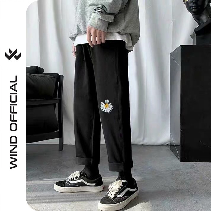 Quần baggy Wind unisex kaki ống suông Thêu Hoa Cúc nam nữ form rộng ullzang