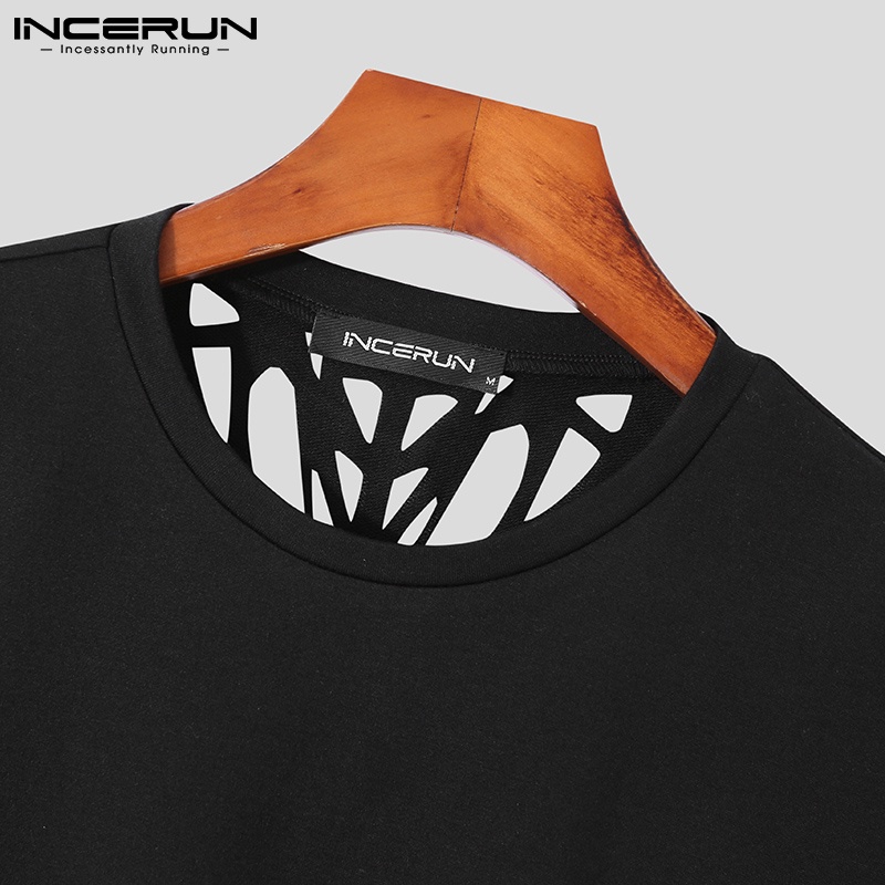 Áo thun nam INCERUN màu đen trơn tay ngắn lưng rỗng cá tính thời trang