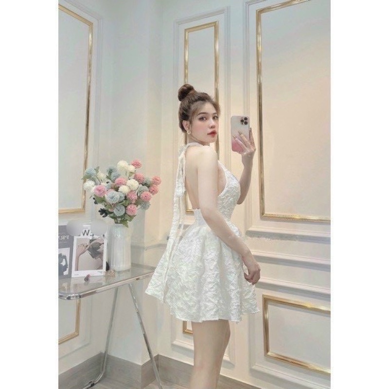 Váy xòe cổ yếm, Đầm gấm xốp cổ yếm dây dài cột nơ có mút dáng xoè ngắn vải dày dặn có khóa kéo mặc đi chơi đi tiệc