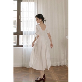 Đầm vintage công chúa trắng cổ khoá nút bọc dáng xoè dài (kèm hình thật)