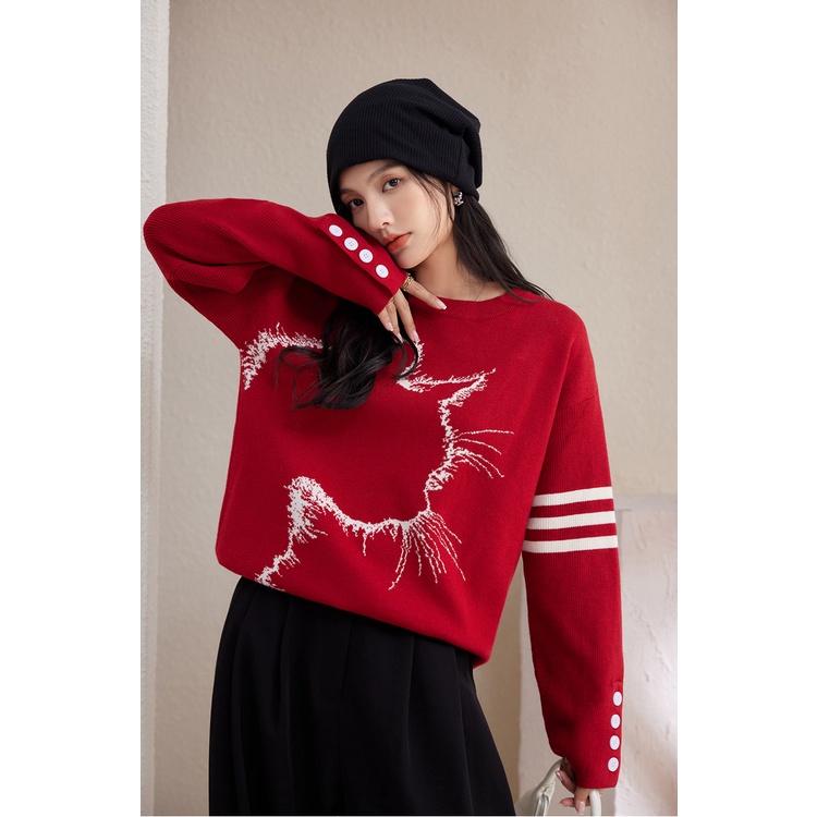 ZHELIHANGFEI Áo Dệt Kim Tay Dài Dáng Rộng In Hình Mèo Dễ Phối Đồ