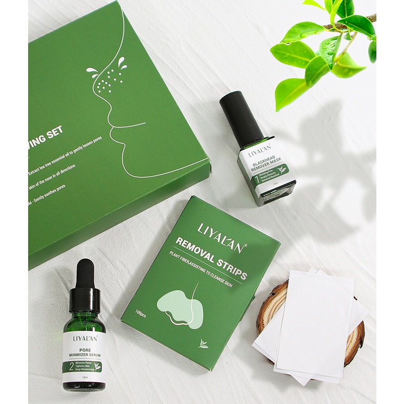 LIYAL'AN  3 In 1 Blackhead Clean Kit Tea Tree Oil Shrink Purify Repair Face Serum