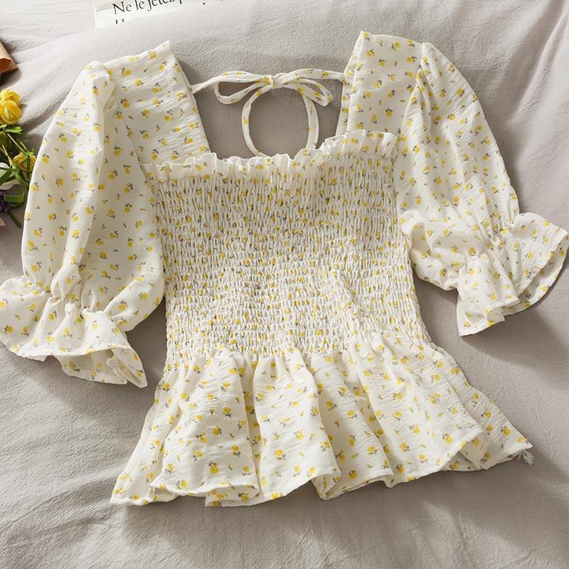 COZOK Áo Kiểu Tay Ngắn Cổ Vuông Xếp Ly Form Ôm Họa Tiết Hoa