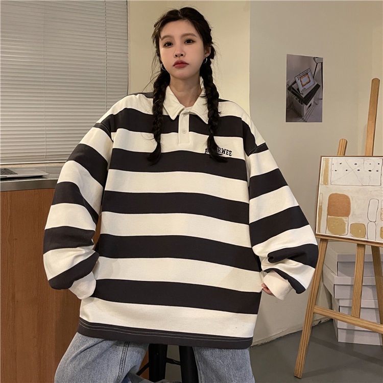 Áo Thun POLO Họa Tiết Kẻ Sọc Thêu Chữ Phong Cách Hàn Quốc Thời Trang Mùa Thu Cho Nữ
