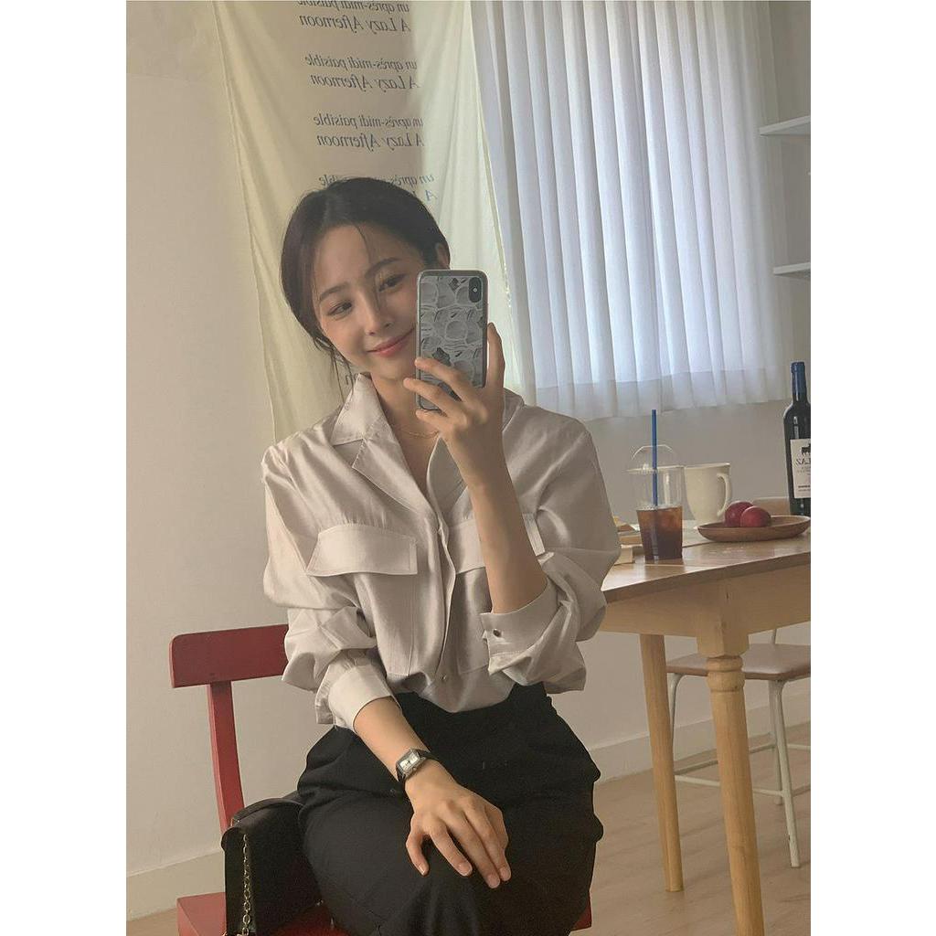 Áo Sơ Mi Dài Tay Cổ polo Phối Túi Đôi Kiểu Vintage Pháp Sành Điệu 55567