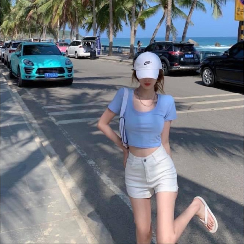 Quần short ngắn jean denim nữ trơn dày dặn cao cấp ôm bó - Order taobao quảng châu