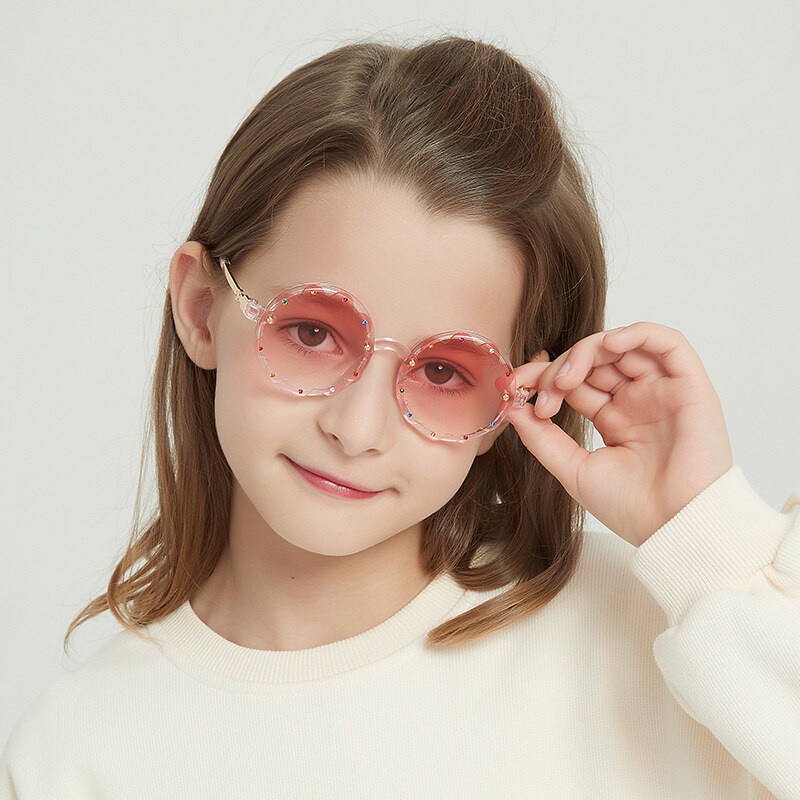 Kính Chống Tia UV400 PTQ Gọng Tròn Phối Ren Đính Đá Thời Trang Cho Bé