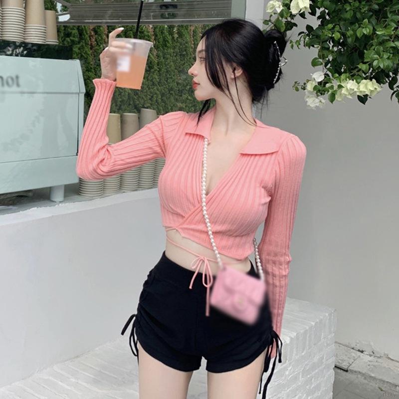 Áo croptop dệt kim tay dài cổ chữ V màu trơn phong cách Hàn Quốc cho nữ