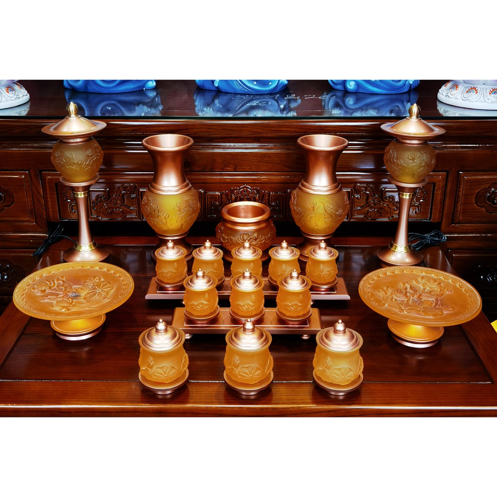 Bộ Thờ Cúng Bình , Lư , Dĩa, Chun , Án Thủy Tinh Lưu Ly Vàng Phối Đồng Cao Cấp - Phật Giáo Tường Thuận