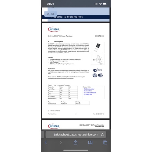 Mosfet 77,5A 650V 6R041C6 tháo máy chất lượng cao