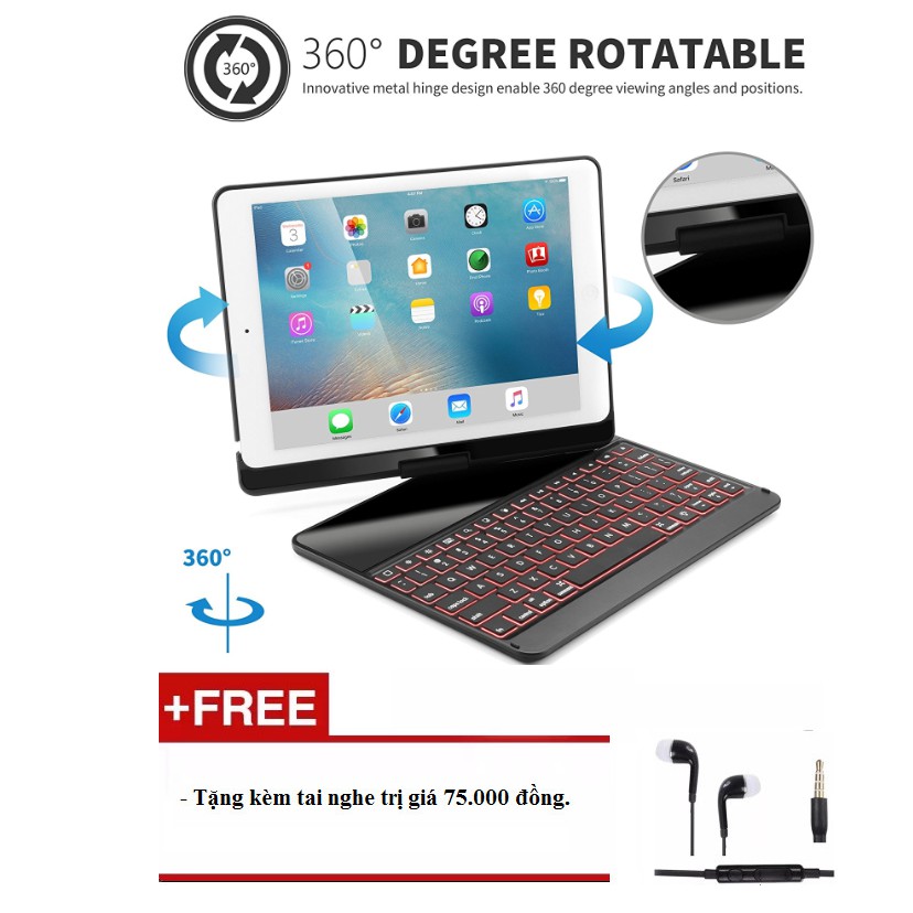 Bàn phím kiêm ốp lưng cho iPad Pro 9.7'' xoay 360 độ (Đen).Sản phẩm hot năm 2018 Tặng tai nghe