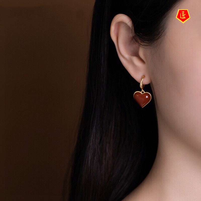(Hàng Có Sẵn) Bông Tai Trái Tim Đính Đá Mã Não Đỏ Tự Nhiên Thanh Lịch