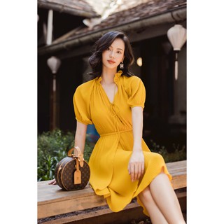 Đầm dập ly chun eo vàng -hbv1129