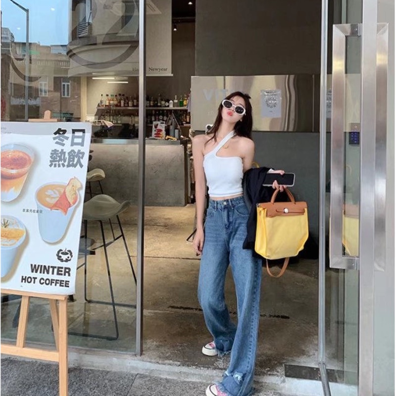 Quần Jean Ống Rộng Lưng Cao Thời Trang Mùa Hè Cho Nữ