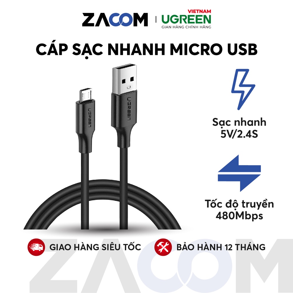 Cáp sạc và truyền dữ liệu Ugreen US289 cổng Micro USB 2.4A - Hàng phân phối chính hãng - Bảo hành 18 tháng