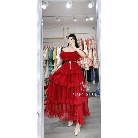 Mẫu Đầm Thiết Kế Hợp Thời Trang --- Đầm Maxi Voan Tầng Trễ Vai Đẹp Y HÌnh UP