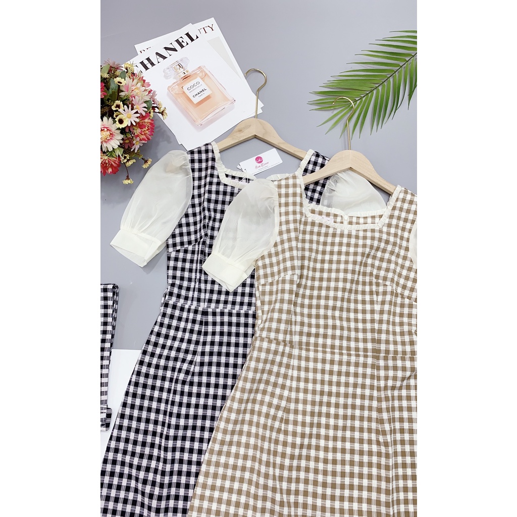 [Mã LT50 giảm 50k đơn 250k] Váy dáng a công sở kẻ caro cổ vuông tay voan có dây đai eo thương hiệu thời trang evalover | BigBuy360 - bigbuy360.vn