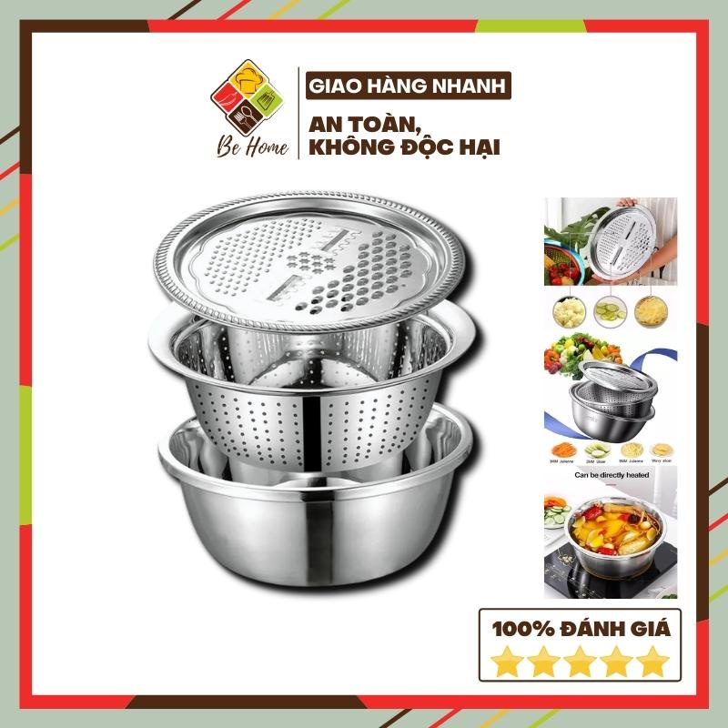 Bộ nạo rau củ 3 món bào BEHOME Rổ nạo rau củ kiêm rổ và chậu inox cao cấp đa năng tiện lợi dùng nhà bếp