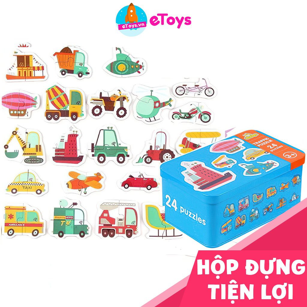 Xếp hình cho bé Puzzle 2 mảnh ghép 24 hình xe cộ hộp thiếc cho bé tập ghép ETOYS