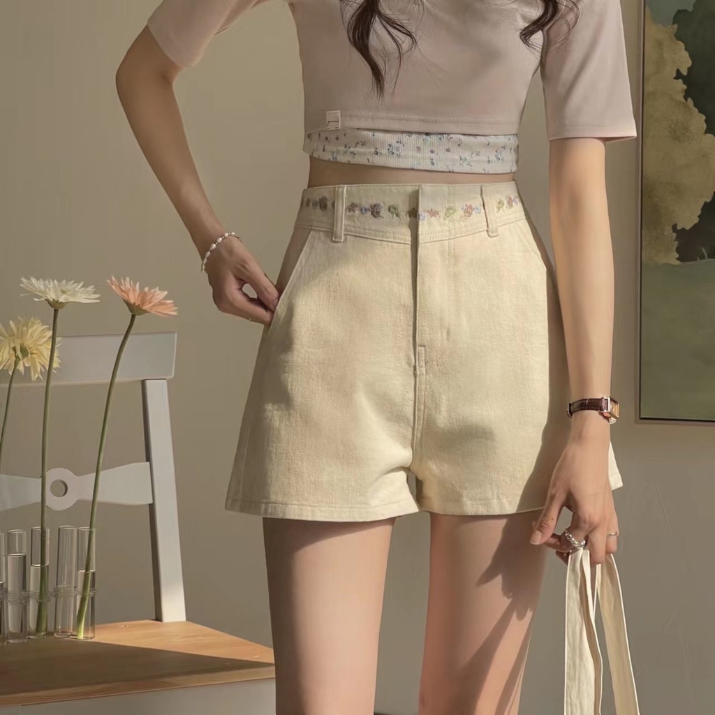 Quần Short Denim Lưng Cao Thêu Họa Tiết Thời Trang Mùa Hè Dành Cho Nữ 2022