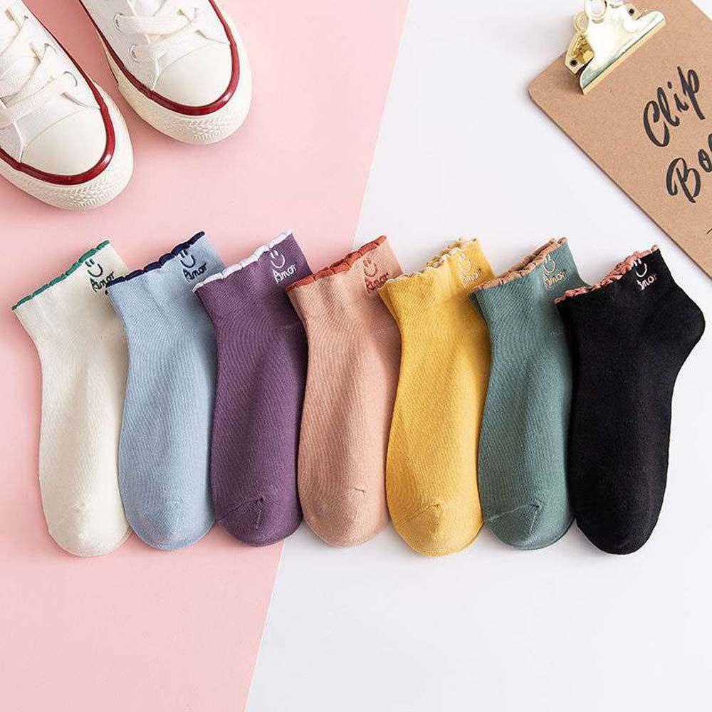 Set 7 Đôi Tất Ngắn In Hình Mặt Cười Dễ Thương Cho Nữ
