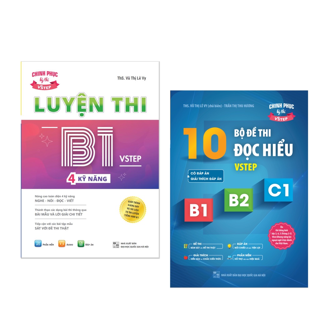 Combo Sách luyện thi B1 Vstep 4 kỹ năng và Sách 10 bộ đề thi Đọc hiểu Vstep reading B1-B2-C1