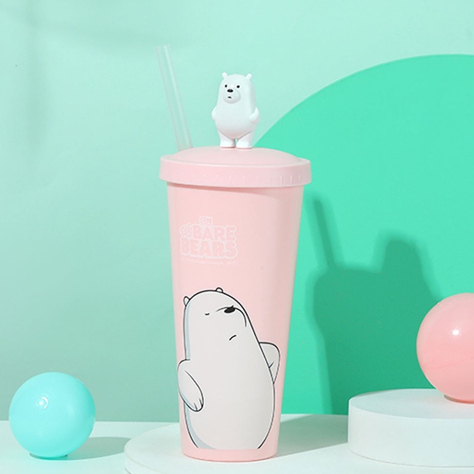 Ly nước nhựa 2 lớp cao cấp kèm ống hút màu hồng Miniso x We Bare Bears dễ thương